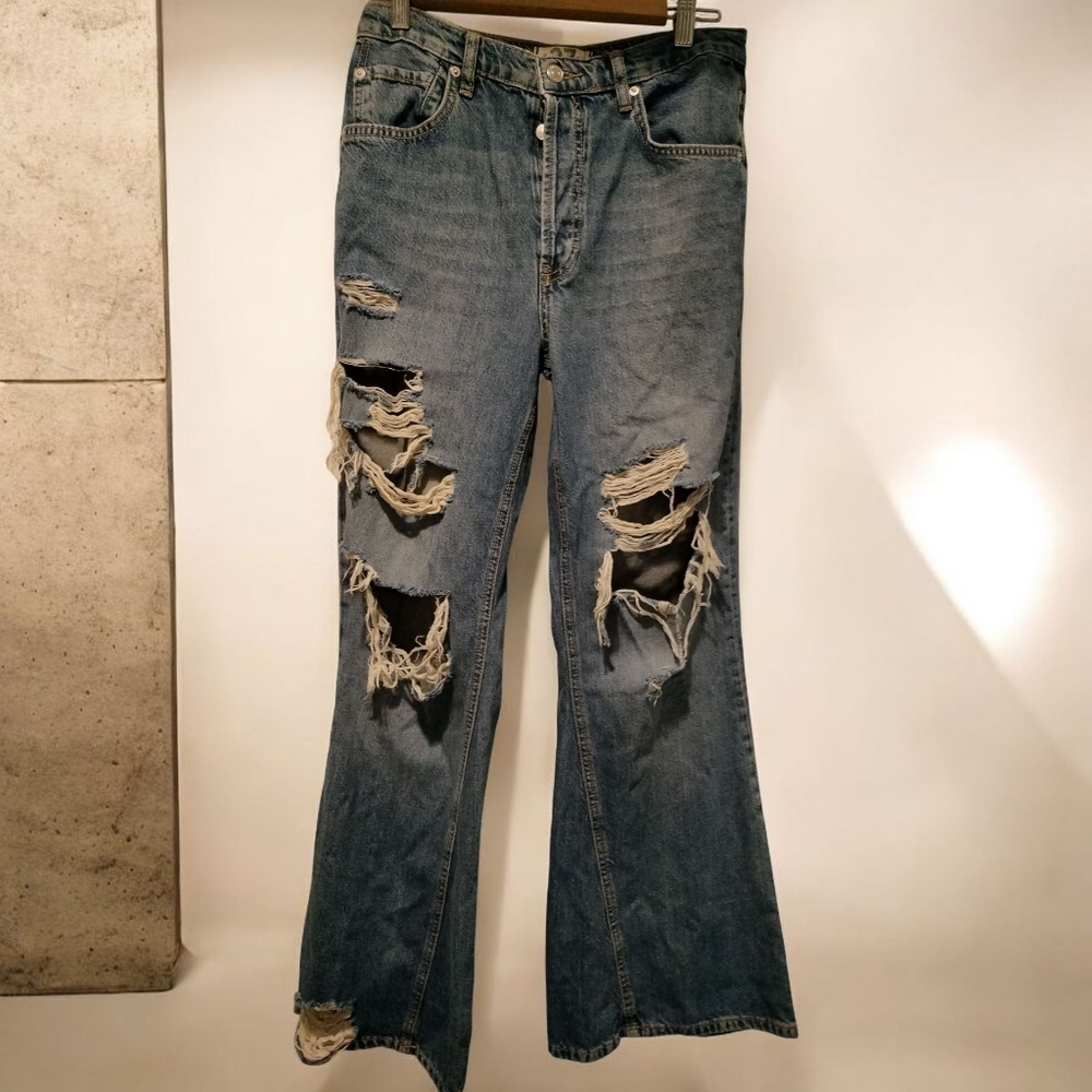 Free People Distressed Blue Flare Jeans